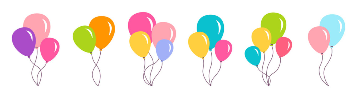 Bunch balloon birthday set. Colorful bunches and groups helium air balloons. Birthday party design cartoon flat collection. Holiday anniversary surprise gift round ballon. Isolated vector illustration