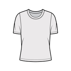 Naklejka premium Crew neck jersey t-shirt technical fashion illustration with short sleeves, oversized body. Flat sweater apparel template front, grey color. Women, men unisex outfit top CAD mockup