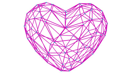 Pink heart wireframe and it blue node with white background(3D Rendering)