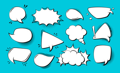 Speech bubble comic pop art cartoon set, explosion dialog cloud. Retro 80s-90s empty design elements, halftone dot background. Speech thought blobs comics vintage banner. Vector illustration Isolated © neliakott