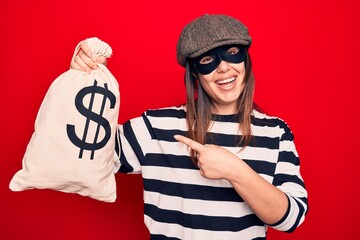 Young beautiful burglar woman wearing cap and mask holding money bag with dollar symbol smiling...
