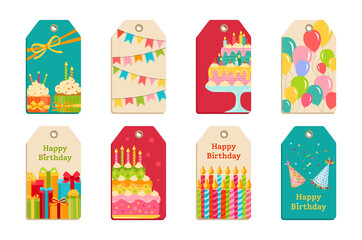 Birthday party tags set sticker. Cartoon label present cake, candle, gift box, cupcake. Colorful balloons, flat celebration food, candy. Party design elements, balloon, sweet, dessert. Isolated vector