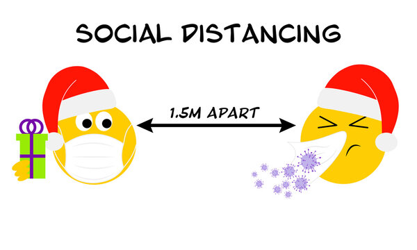Social distancing Christmas holidays emoji, Coronavirus, covid 19, two emoji 1.5m apart text. Christmas 2020 the new normal concept of pandemic