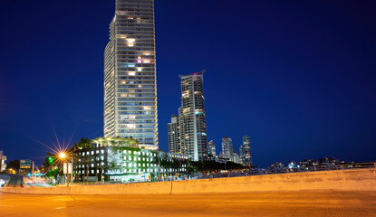 Night skyscrapers in Miami Beach. Nightlife in South USA City.