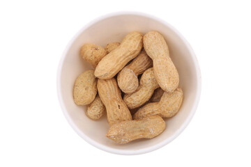 Peanuts stack in husk one broken with two seeds inside isolated on white background