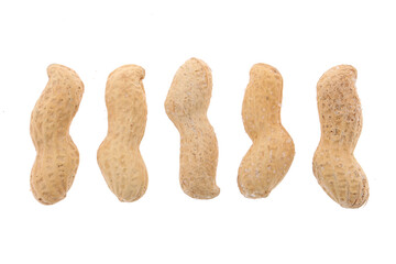 Peanuts stack in husk one broken with two seeds inside isolated on white background