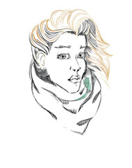 The Portrait of Beautiful Blonde Girl with Fashion Short Haircut and Muffler. Vector Illustration. Freehand Drawing. Young Woman with Windy Hair. Beauty Face. Cartoon Style Sketch.