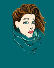 portraiThe Portrait of Beautiful Blonde Girl with Fashion Short Haircut and Muffler. Vector Illustration. Freehand Drawing. Young Woman with Windy Hair. Beauty Face. Cartoon Style Sketch.	t of a woman