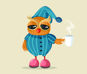 Sleepy Owl Wearing Pajamas Holding Coffee Mug Vector Cartoon