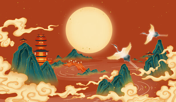 Chinese style landscape painting, Chinese classical style painting.