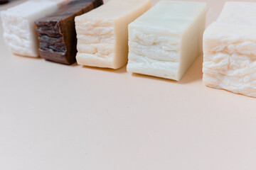 Natural organic shampoo soap bar. Top horizontal view copyspace. Hand made shampoo ecological concept