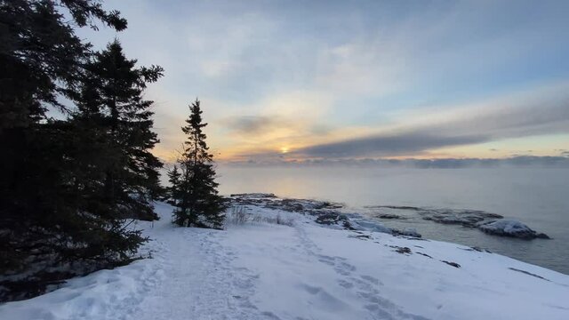 winter sunrise wonderful colors at lake superior