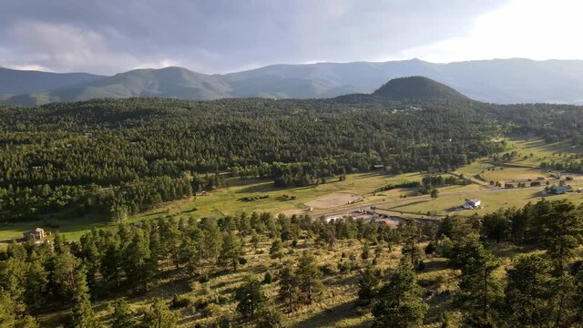 Aerial panning shot of Mt. Bailey and the Lost Creek Wilderness near Bailey, Colorado.