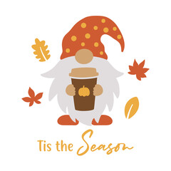 Vector illustration of a cute gnome holding a pumpkin spice latte coffee cup in fall.