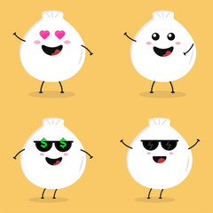 Cute flat cartoon Dumplings illustration. Vector illustration of cute dumpling with a smiling expression.	
