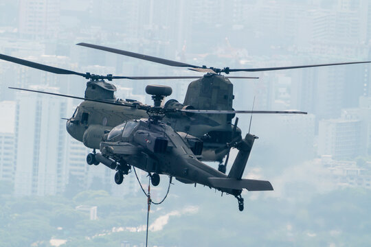 Singapore - July 2020: State Flag flypast by RSAF helicopters for NDP at Singapore.	