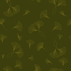 Ginkgo Leaves Floral design Seamless on Olive Green background. Vector illustration repeat patterns