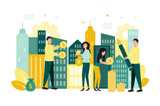 Finance. Vector illustration of financial management. Men with coins and a pen in their hands, women with a coin, calculator and money bag in their hands, against the background of city buildings