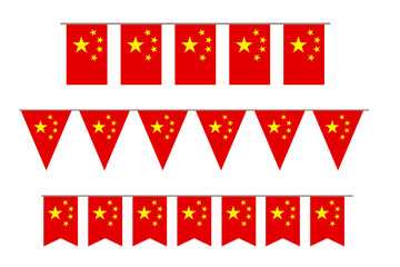 Bunting of Chinese flags. Garland of the national symbols of China. Decoration for China. Banner made of Chinese pennants. Vector image. Stock photo.