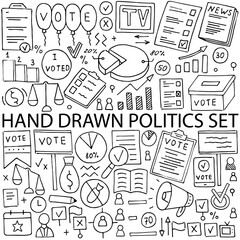 Political icons drawn by hand, vector set. Doodle on the topic of politics and elections.