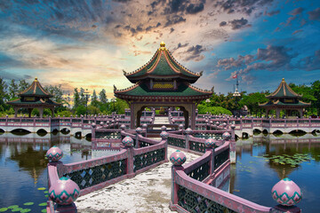 pavilion in the park at ancient city during sunset