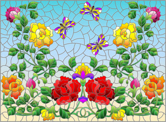 Illustration in stained glass style with intertwined roses and butterflies on a blue background, horizontal orientation
