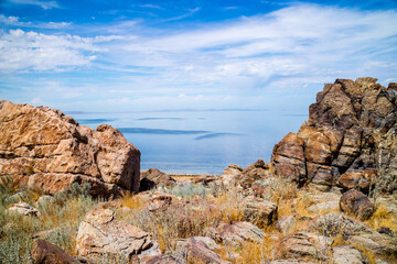 An overlooking view of nature in Antelope Island State Park, Utah