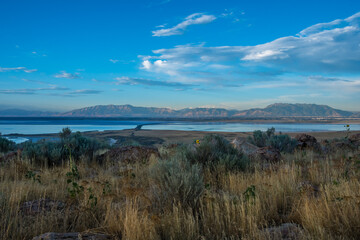 An overlooking landscape view of Antelope Island State Park, Utah
