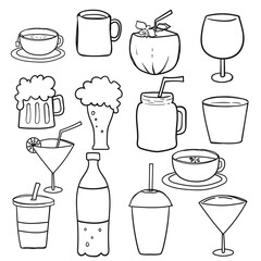 Obraz premium Hand drawn simple sketches of various types of drinks. Vector freehand illustration isolated on white background.
