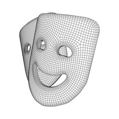 Theatrical masks tragedy and comedy character. Wireframe low poly mesh vector illustration.