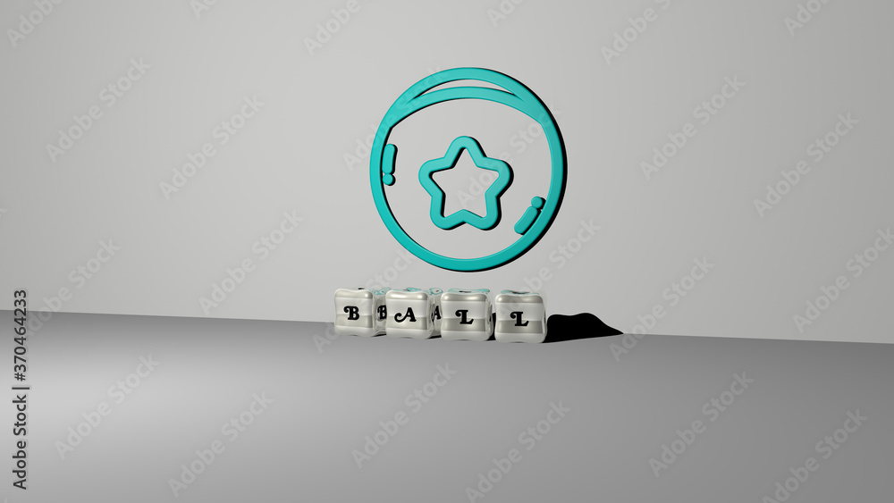 Poster 3d representation of ball with icon on the wall and text arranged by metallic cubic letters on a mir