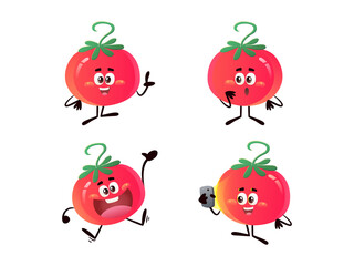Tomatoes Character vector Illustration outline hand drawn design style, presentation, surprised, happy, with hand phone