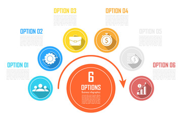 Business infographics with arrow. Template with 6 steps, options or elements. Can be used for diagram or web design. Vector illustration.