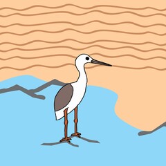 Heron on the shore. Illustration for children's story book.