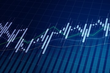 Abstract virtual financial graph illustration on blue background, financial and trading concept. 3D Rendering