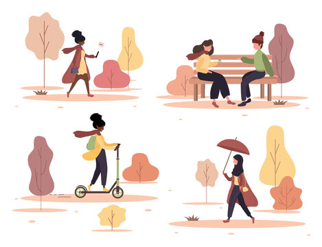 Happy people walks autumn park set. Young woman and man sitting on bench and talking. Citizens strolling with umbrellas, riding kick scooter. Vector illustration in flat cartoon style.