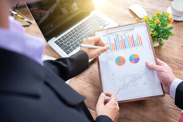 Business team present, professional investor working new start up project, Finance managers meeting,computer design smart phone using