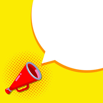 Bullhorn - Speaker Red Old Megaphone Illustration Design With Bubble Speech On Yellow Halftone Background Template Vector