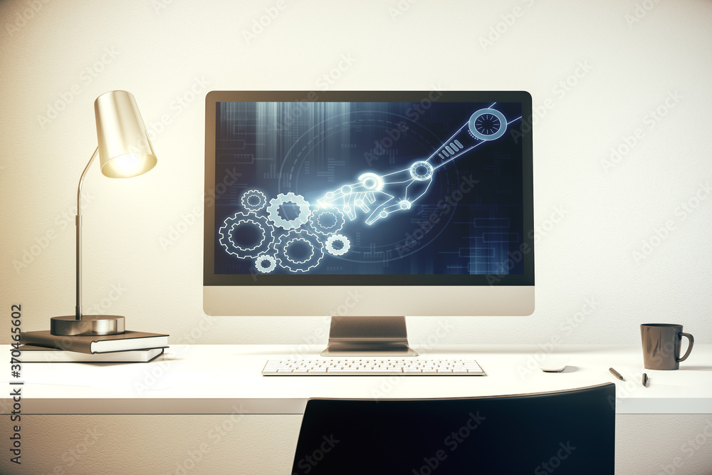 Poster modern computer monitor with robotics technology hologram. research and development software concept