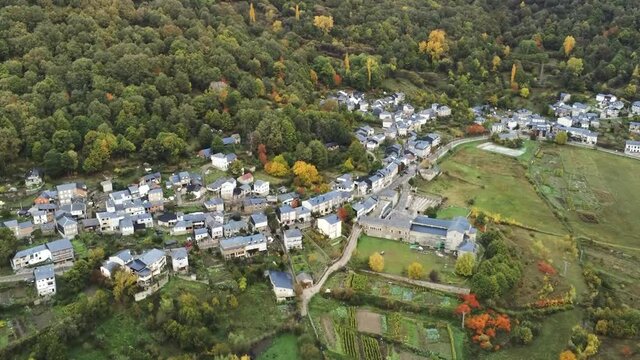 San Martin de Casta&ntilde;eda, village in Sanabria Lake. Zamora,Spain. Aerial Drone Footage