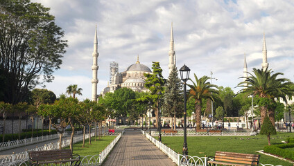 looking towards the blue mosque on spring morning in istanbul