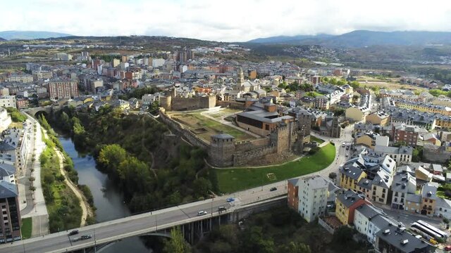 Castle of Ponferrada. Historical city of Leon,Spain. Aerial Drone Footage. Camino de Santiago