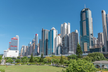 High rise office building and public park in downtown of Hong Kong city