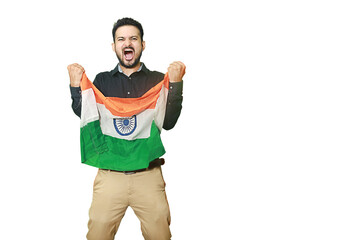 Cheerful young man holding indian flag screams with excitement, celebrating republic day or independence day, isolated on white background copy space to write text.