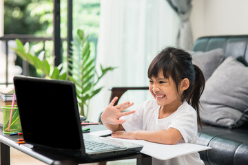 Asian girl student online learning class study online video call zoom teacher, Happy girl learn...
