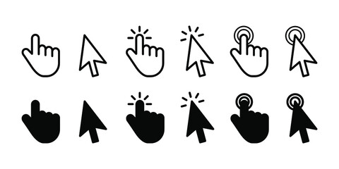 mouse click cursor icon in black solid color and line work-vector illustration for info graphic, websites-arrow and finger illustration