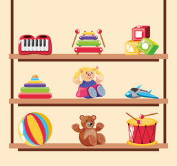 set of icons kids toy on wooden background