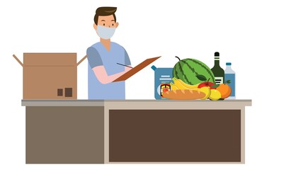 Cashier prepares food package at supermarket, Vector
