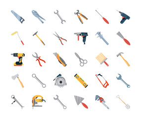 set of icons with construction tools and carpentry in white background
