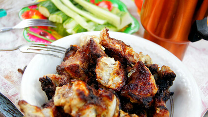 Roast meat on a plate. Cooking and recreation in the country.